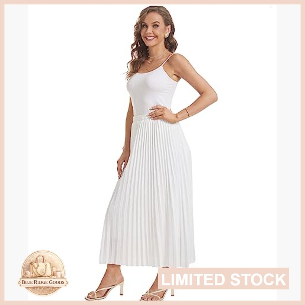 High Waist Elastic Pleated Maxi Skirt Boho Swing A-Line Flowy Elegant - Picture 5 of 7